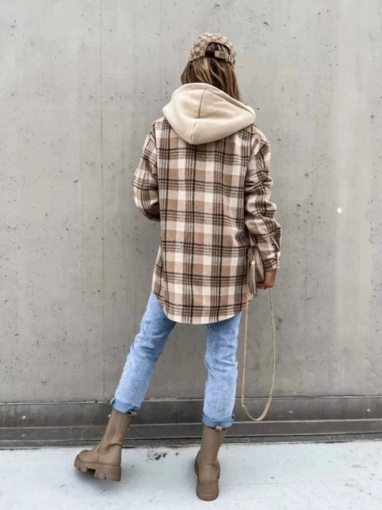 Plaid Dropped Shoulder Hooded Jacket - Camel by Trendsi from FREYA’S CLOSET