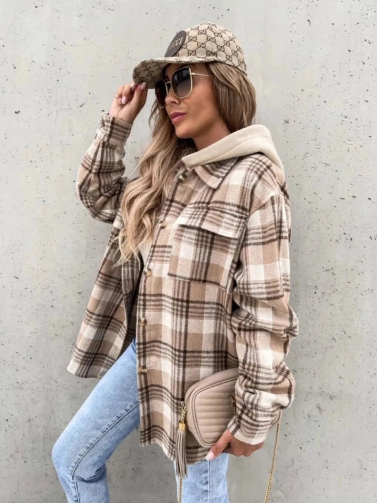 Plaid Dropped Shoulder Hooded Jacket - Camel by Trendsi from FREYA’S CLOSET