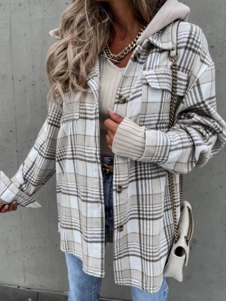 Plaid Dropped Shoulder Hooded Jacket - White by Trendsi from FREYA’S CLOSET