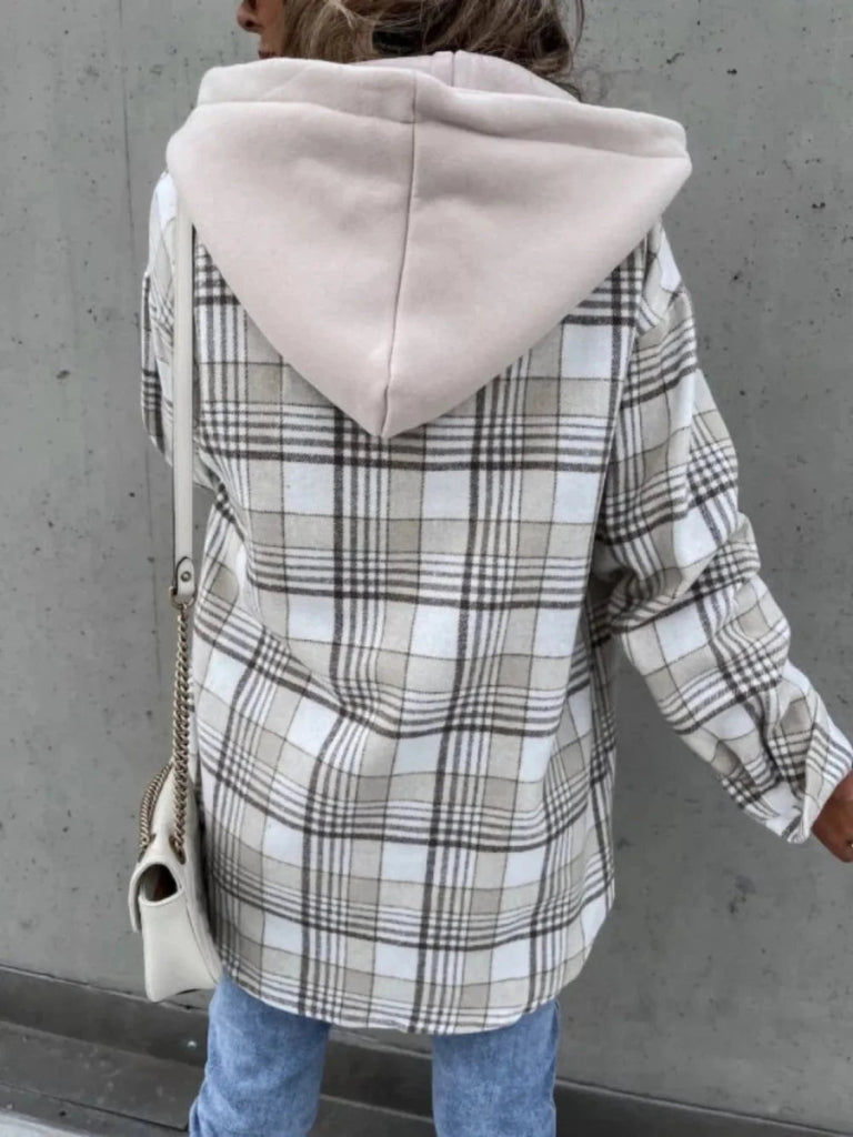 Plaid Dropped Shoulder Hooded Jacket - White by Trendsi from FREYA’S CLOSET