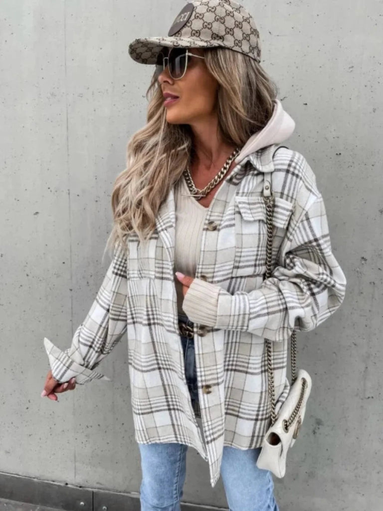 Plaid Dropped Shoulder Hooded Jacket - White by Trendsi from FREYA’S CLOSET