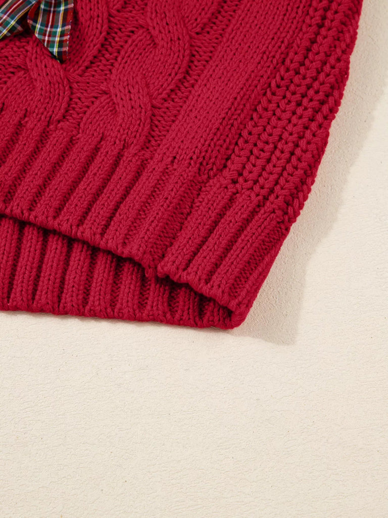 Plaid Lace Up Detail Christmas Holiday Puff Short Sleeve Sweater - Deep Red by Trendsi from FREYA’S CLOSET