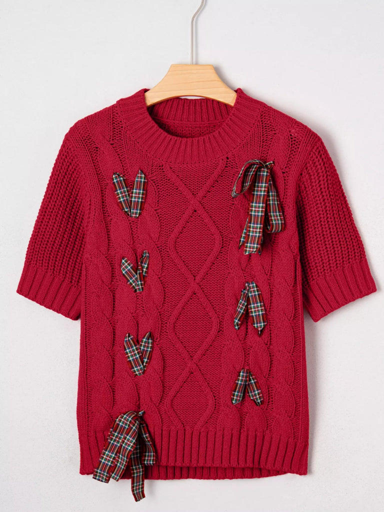 Plaid Lace Up Detail Christmas Holiday Puff Short Sleeve Sweater - Deep Red by Trendsi from FREYA’S CLOSET