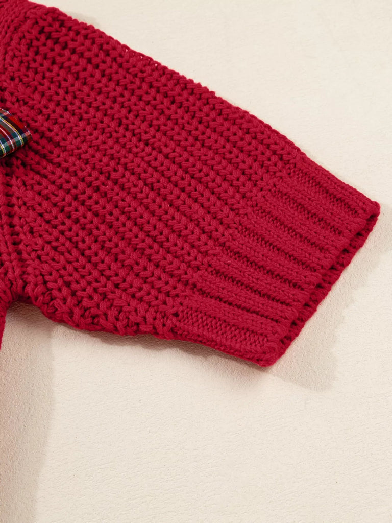 Plaid Lace Up Detail Christmas Holiday Puff Short Sleeve Sweater - Deep Red by Trendsi from FREYA’S CLOSET