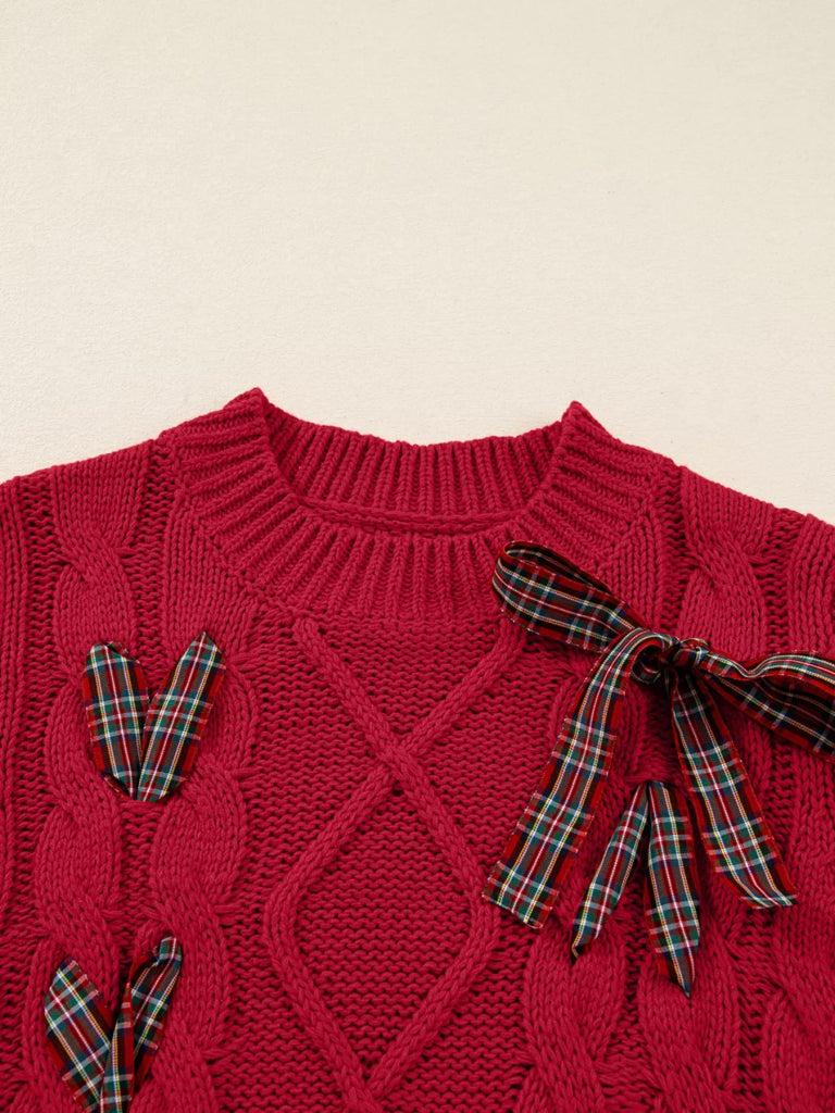Plaid Lace Up Detail Christmas Holiday Puff Short Sleeve Sweater - Deep Red by Trendsi from FREYA’S CLOSET