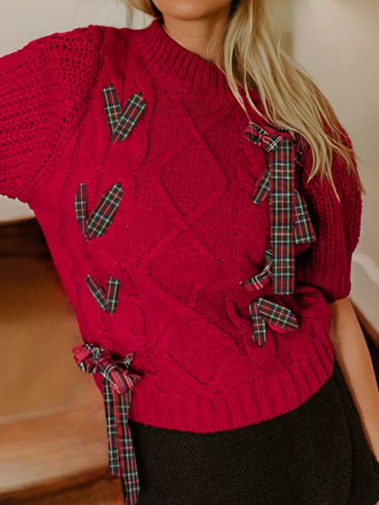Plaid Lace Up Detail Christmas Holiday Puff Short Sleeve Sweater - Deep Red by Trendsi from FREYA’S CLOSET