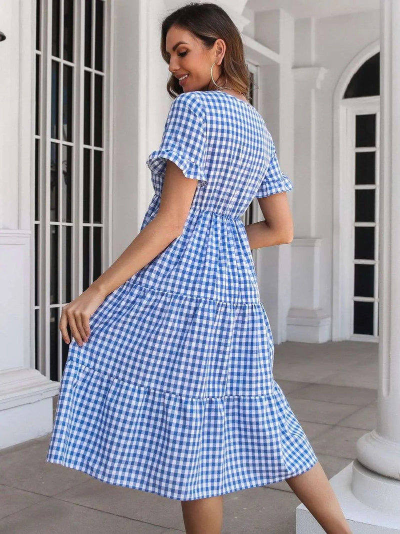 Trendsi Dresses Plaid V-Neck Short Sleeve Midi Dress