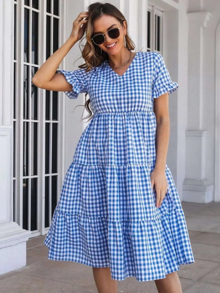 Plaid V - Neck Short Sleeve Midi Dress - Blue by Trendsi from FREYA’S CLOSET