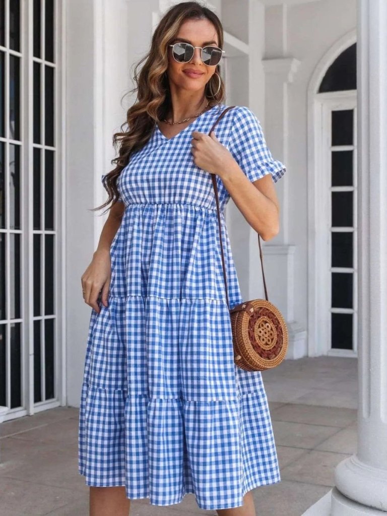Plaid V - Neck Short Sleeve Midi Dress - Blue by Trendsi from FREYA’S CLOSET