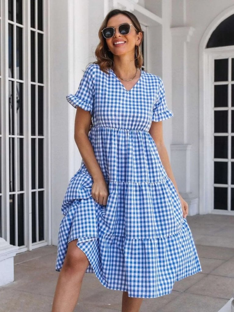 Plaid V - Neck Short Sleeve Midi Dress - Blue by Trendsi from FREYA’S CLOSET