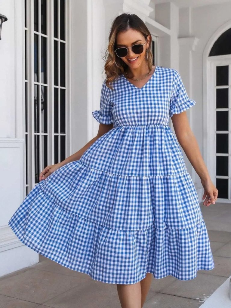 Plaid V - Neck Short Sleeve Midi Dress - Blue by Trendsi from FREYA’S CLOSET