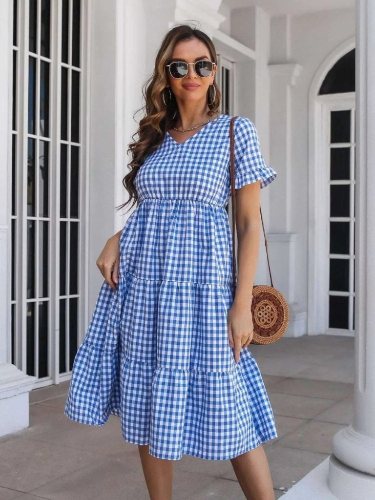 Plaid V - Neck Short Sleeve Midi Dress - Blue by Trendsi from FREYA’S CLOSET