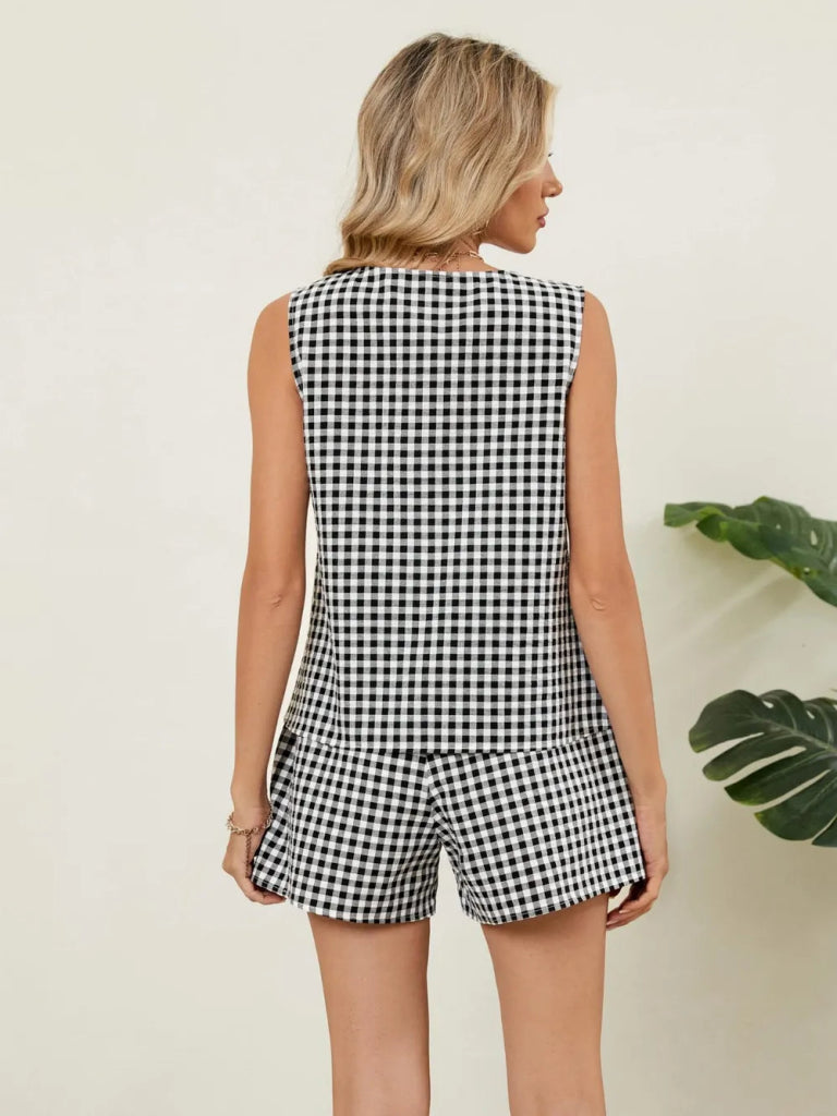 Plaid V - Neck Sleeveless Top and Shorts Set - Black by Trendsi from FREYA’S CLOSET