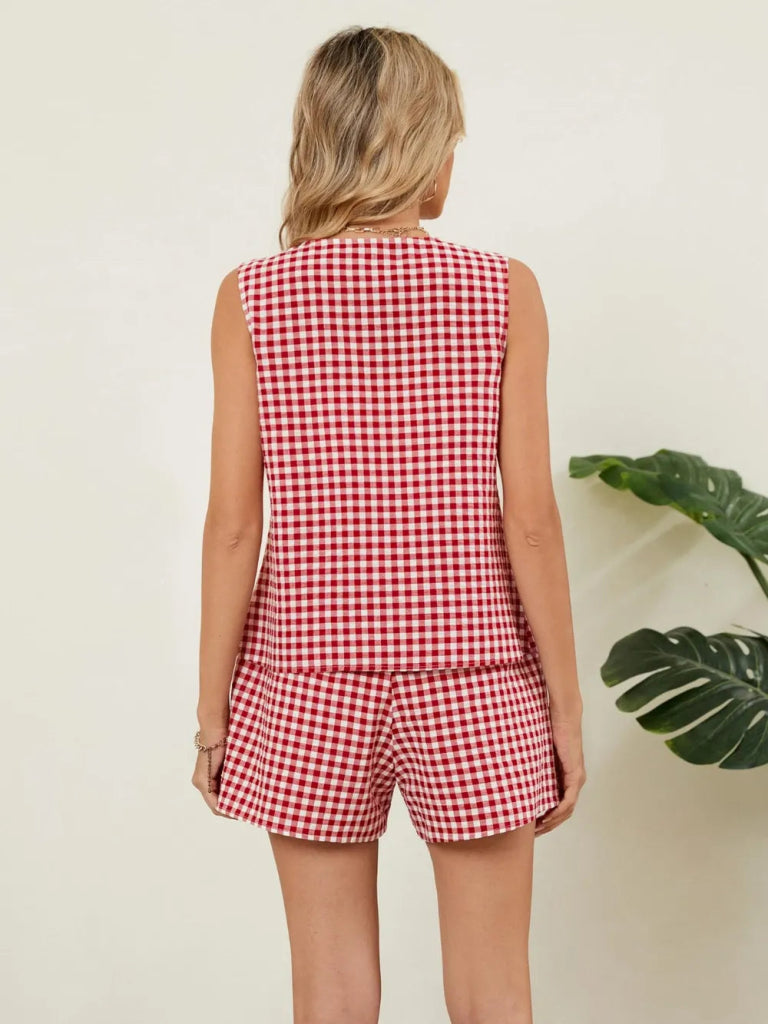 Plaid V - Neck Sleeveless Top and Shorts Set - Deep Red by Trendsi from FREYA’S CLOSET