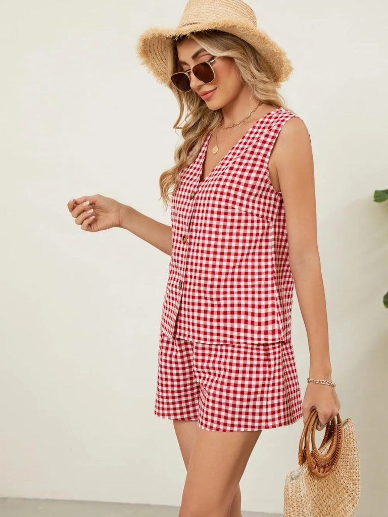 Plaid V - Neck Sleeveless Top and Shorts Set - Deep Red by Trendsi from FREYA’S CLOSET
