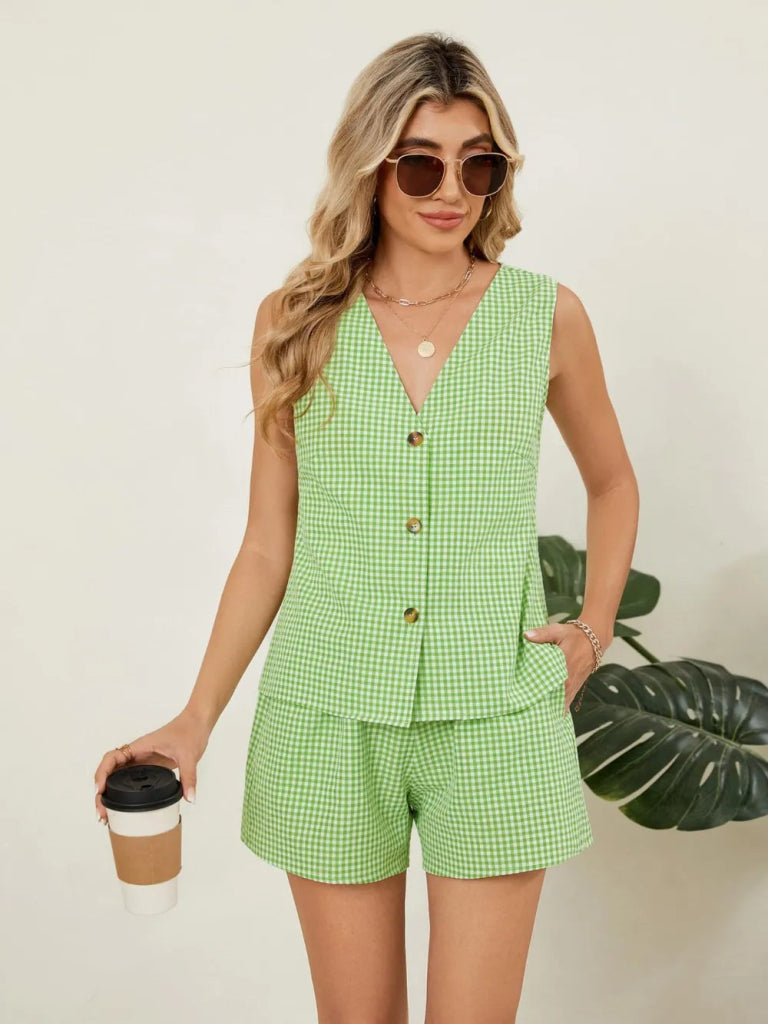 Plaid V - Neck Sleeveless Top and Shorts Set - Green by Trendsi from FREYA’S CLOSET