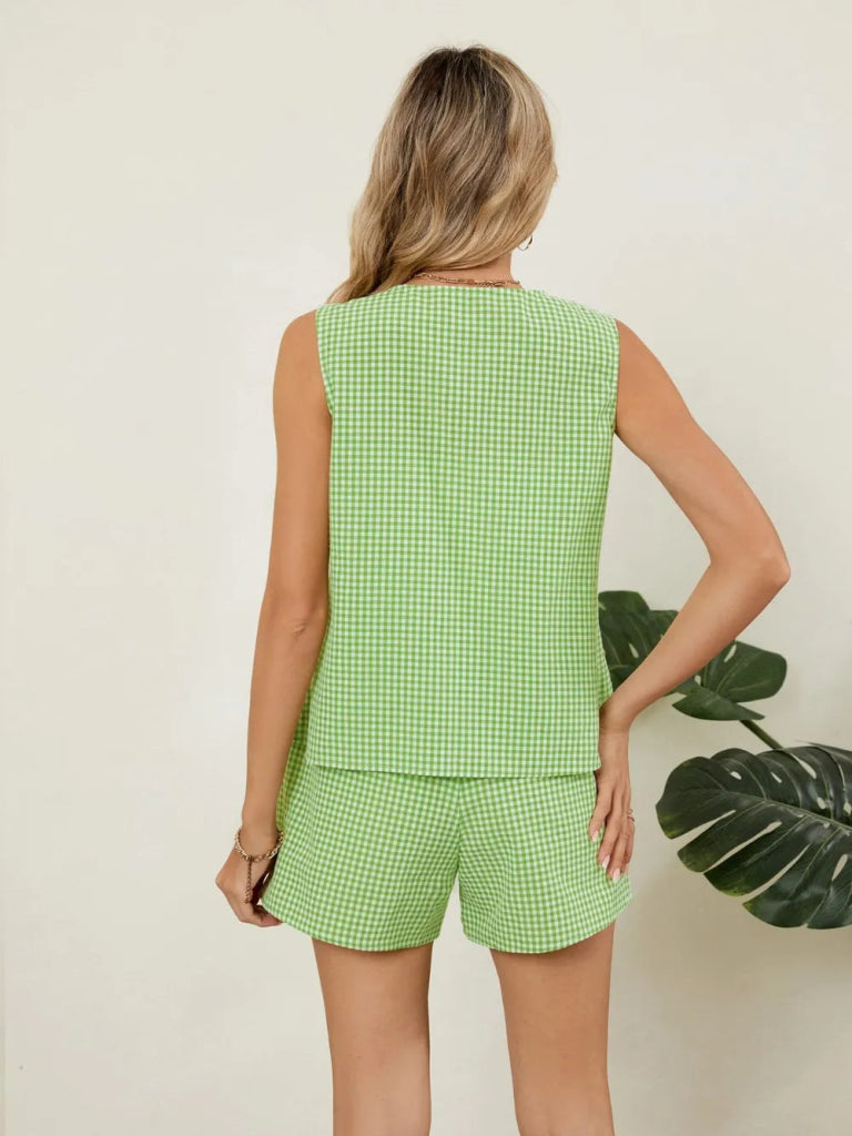 Plaid V - Neck Sleeveless Top and Shorts Set - Green by Trendsi from FREYA’S CLOSET
