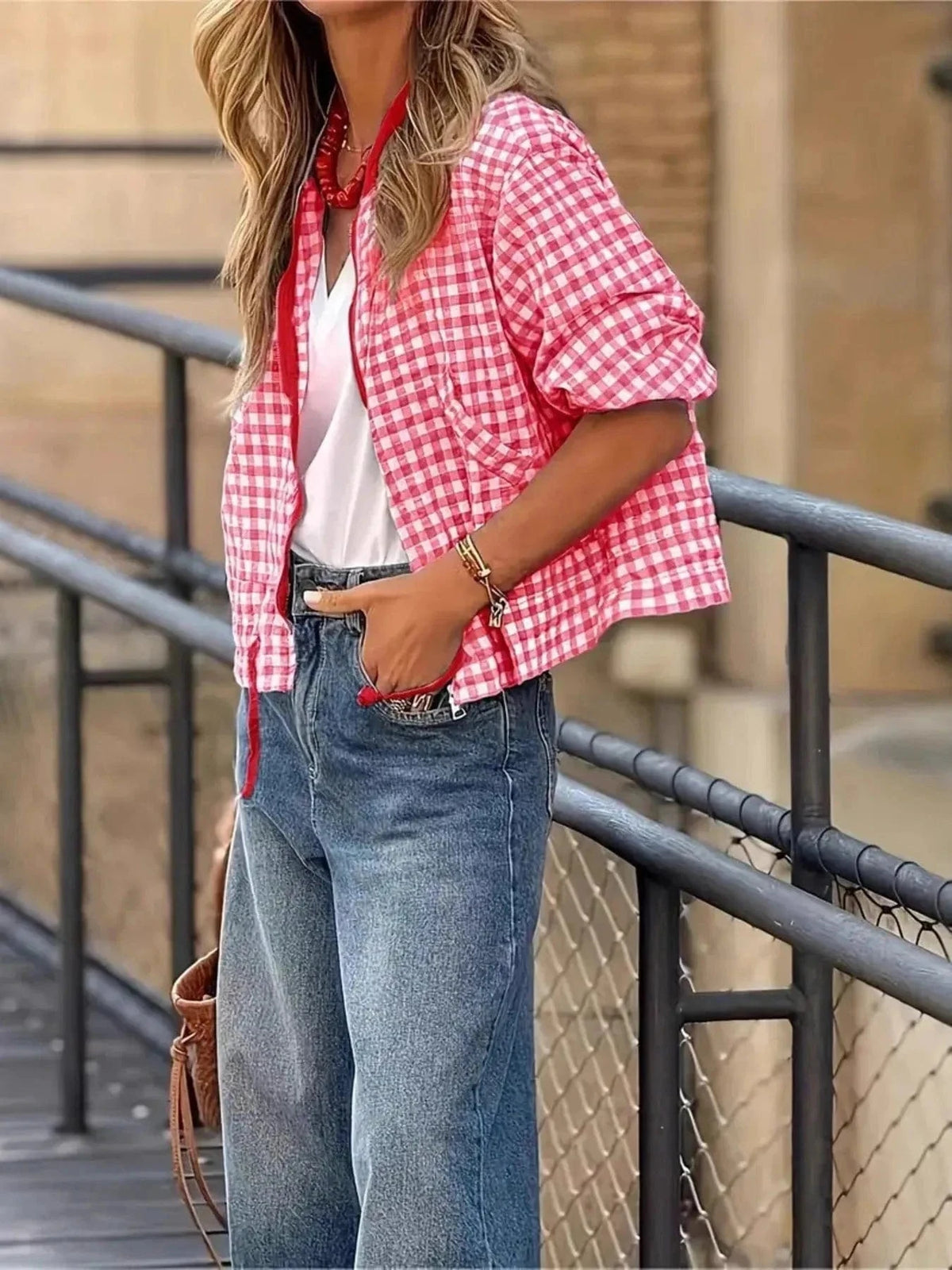 Trendsi Pink / S Plaid Zip Up Long Sleeve Jacket