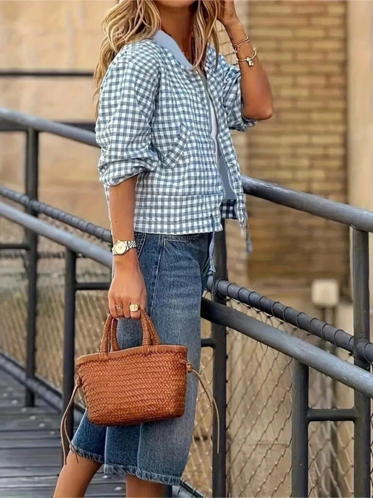 Plaid Zip Up Long Sleeve Jacket - Sky Blue by Trendsi from FREYA’S CLOSET