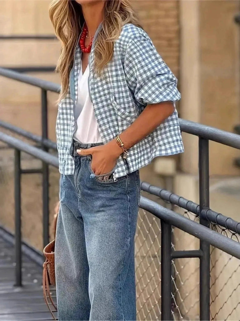 Plaid Zip Up Long Sleeve Jacket - Sky Blue by Trendsi from FREYA’S CLOSET