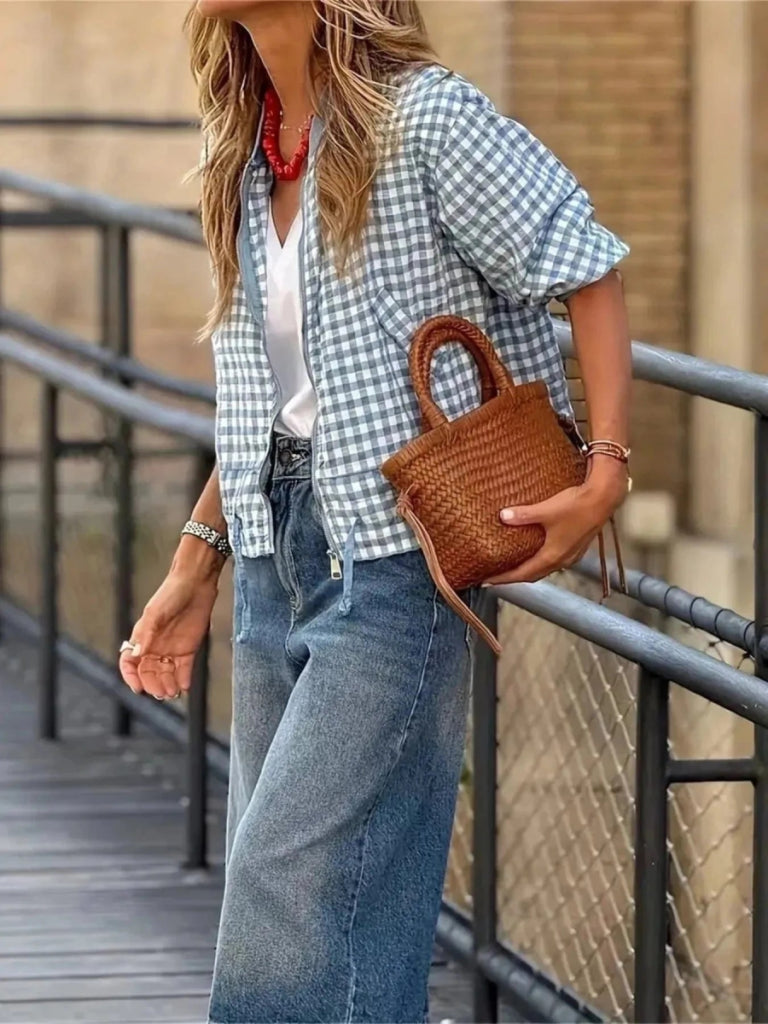 Plaid Zip Up Long Sleeve Jacket - Sky Blue by Trendsi from FREYA’S CLOSET