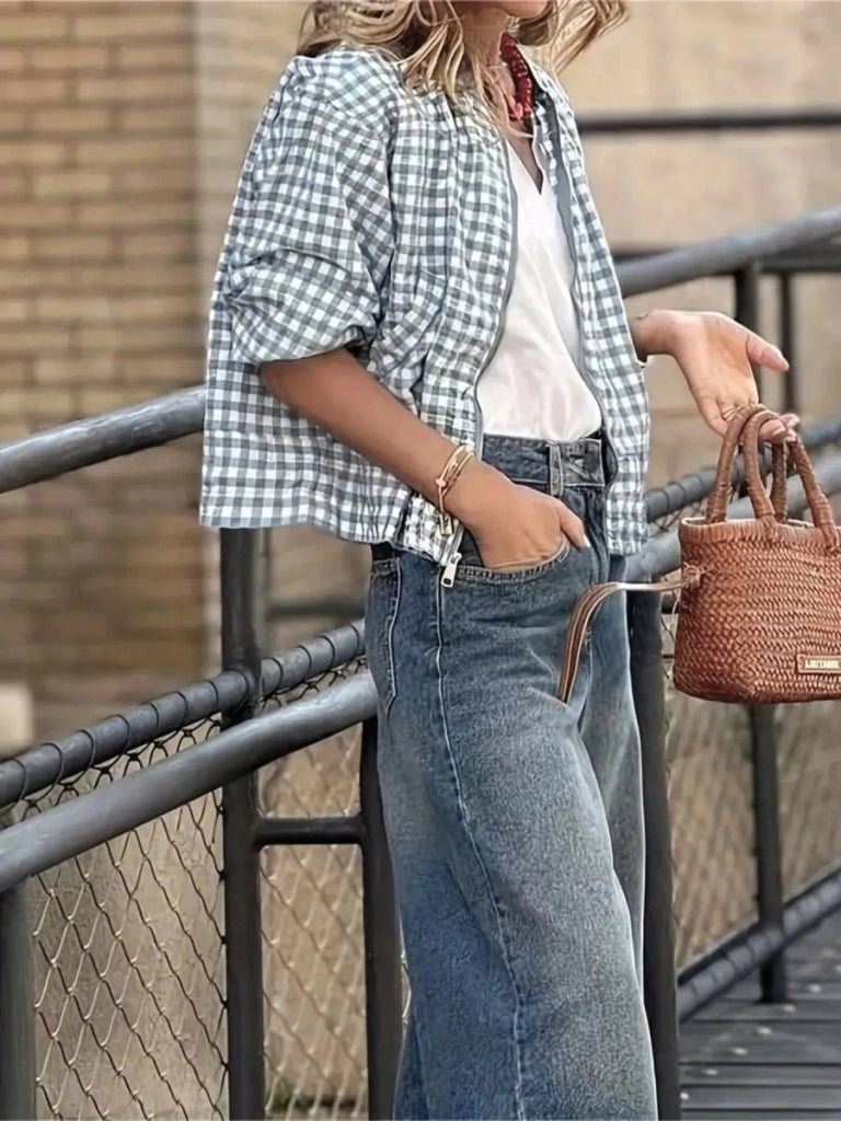 Plaid Zip Up Long Sleeve Jacket – Sky Blue by Trendsi from FREYA’S CLOSET