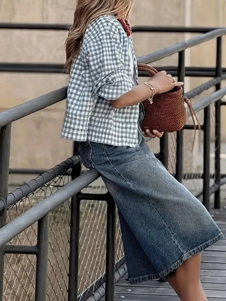 Plaid Zip Up Long Sleeve Jacket - Sky Blue by Trendsi from FREYA’S CLOSET