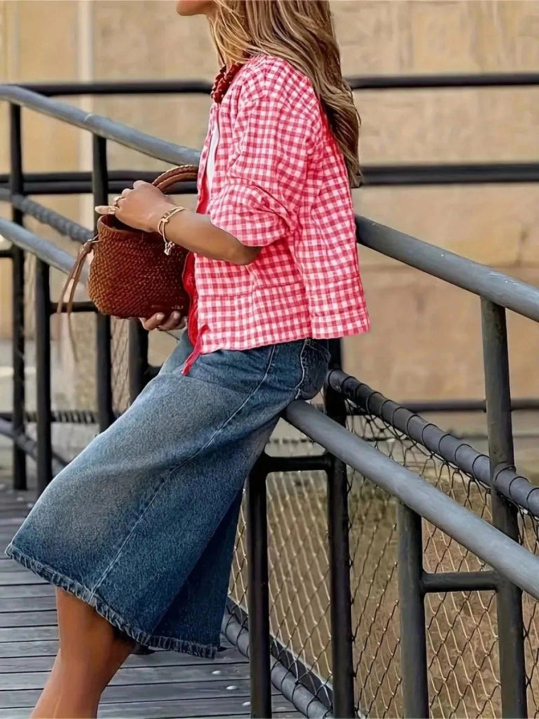 Plaid Zip Up Long Sleeve Jacket - Pink by Trendsi from FREYA’S CLOSET