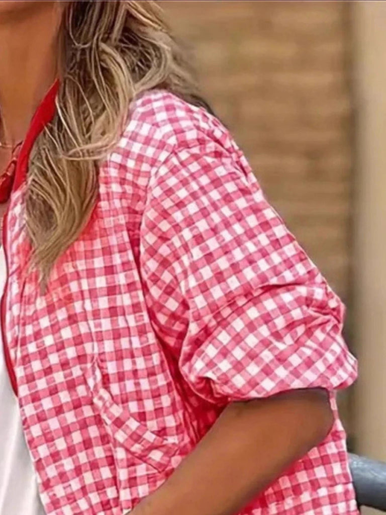 Plaid Zip Up Long Sleeve Jacket - Pink by Trendsi from FREYA’S CLOSET