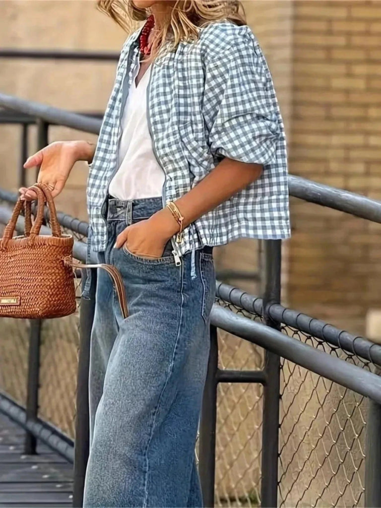 Plaid Zip Up Long Sleeve Jacket - Sky Blue by Trendsi from FREYA’S CLOSET