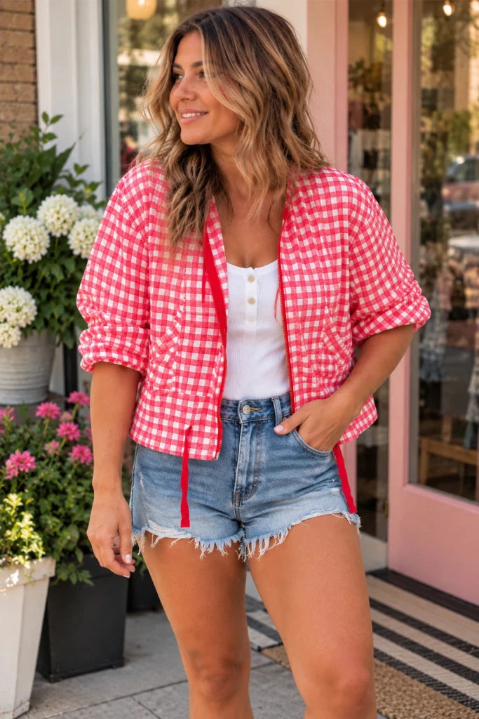 Plaid Zip Up Long Sleeve Jacket - Pink by Trendsi from FREYA’S CLOSET