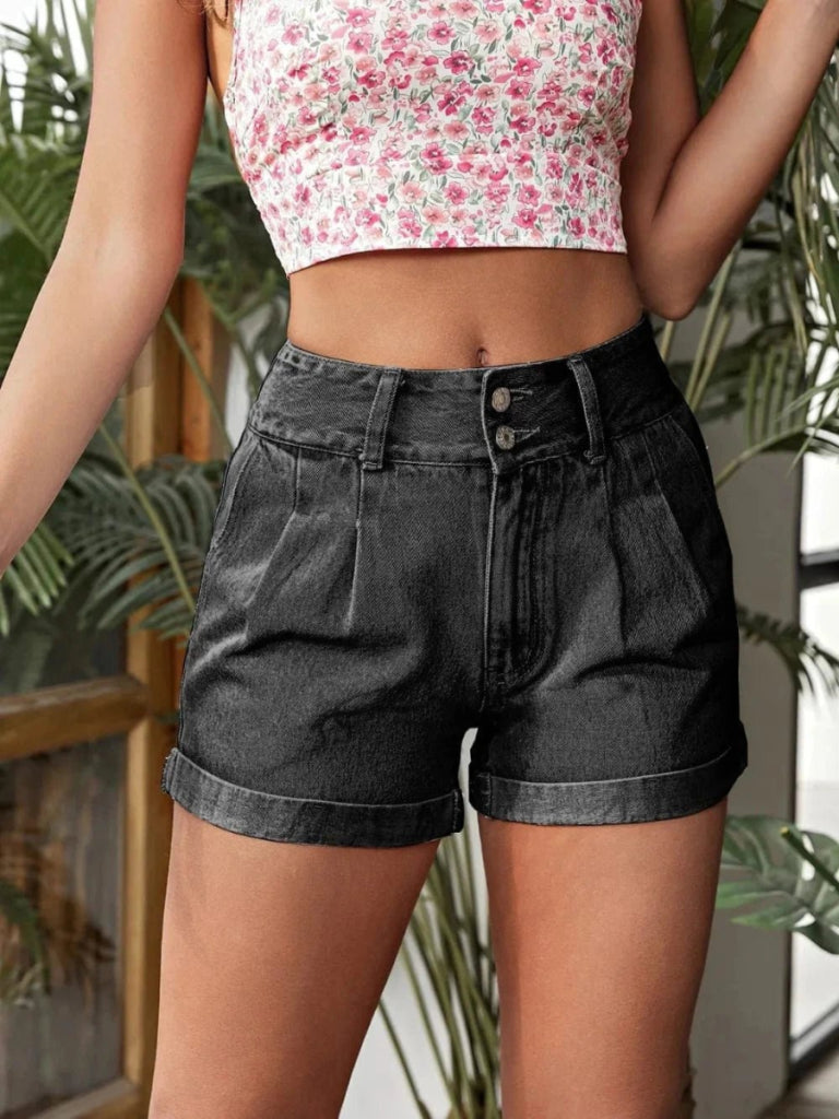 Pleated Detail High Rise Denim Shorts - Dark by Trendsi from FREYA’S CLOSET