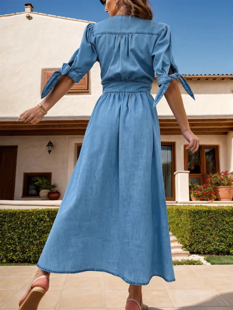 Plunge Button Up Half Sleeve Denim Dress - Medium by Trendsi from FREYA’S CLOSET