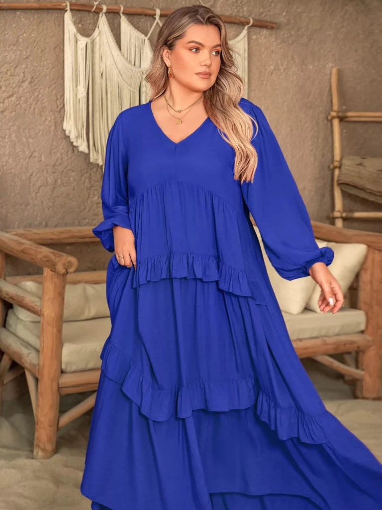 Plus Size Balloon Sleeve Ruffle Tiered Flowy Dress - Royal Blue by Trendsi from FREYA’S CLOSET