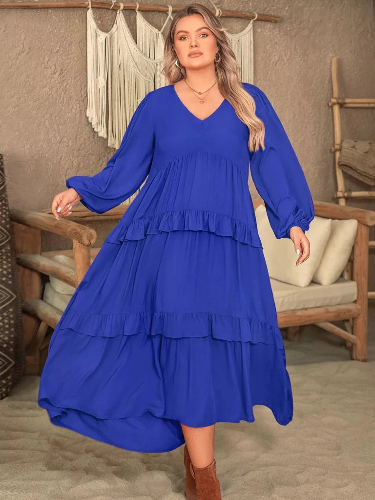 Plus Size Balloon Sleeve Ruffle Tiered Flowy Dress - Royal Blue by Trendsi from FREYA’S CLOSET
