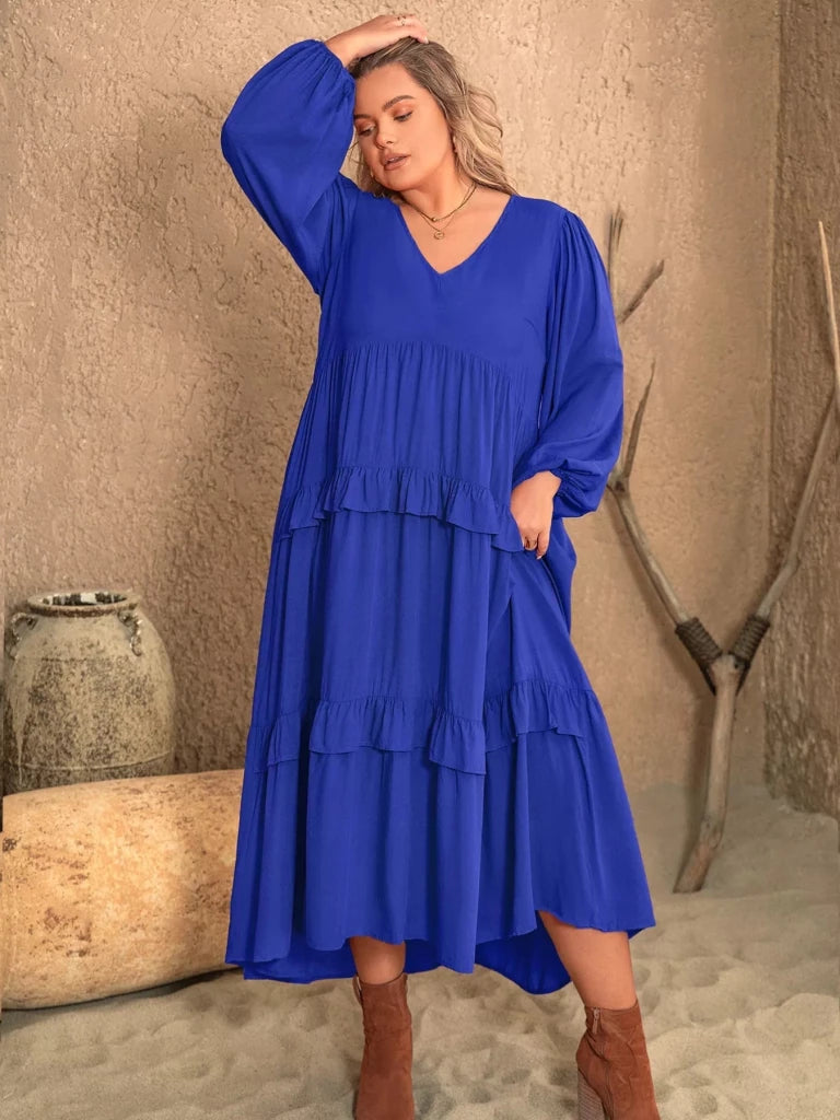 Plus Size Balloon Sleeve Ruffle Tiered Flowy Dress - Royal Blue by Trendsi from FREYA’S CLOSET