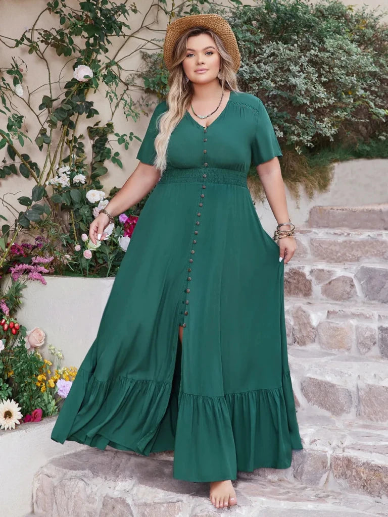 Plus Size Button Detail V - Neck Short Sleeve Maxi Dress - Deep Teal by Trendsi from FREYA’S CLOSET