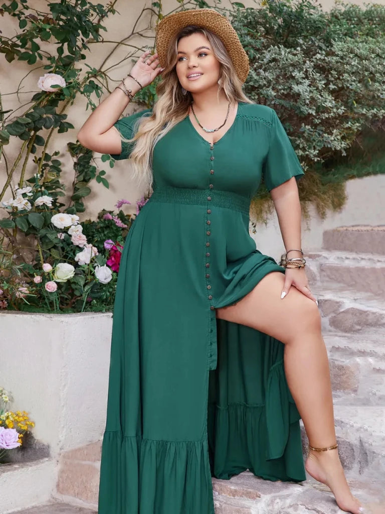 Plus Size Button Detail V - Neck Short Sleeve Maxi Dress - Deep Teal by Trendsi from FREYA’S CLOSET