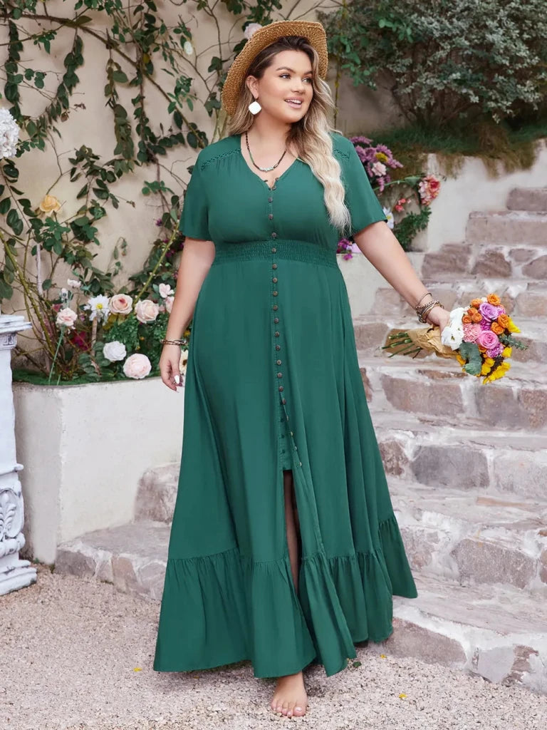 Plus Size Button Detail V - Neck Short Sleeve Maxi Dress - Deep Teal by Trendsi from FREYA’S CLOSET
