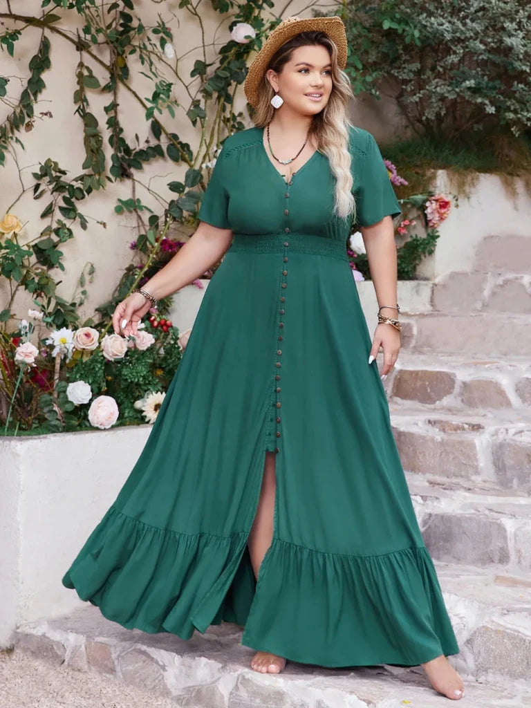 Plus Size Button Detail V - Neck Short Sleeve Maxi Dress - Deep Teal by Trendsi from FREYA’S CLOSET