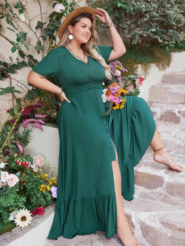 Plus Size Button Detail V - Neck Short Sleeve Maxi Dress - Deep Teal by Trendsi from FREYA’S CLOSET