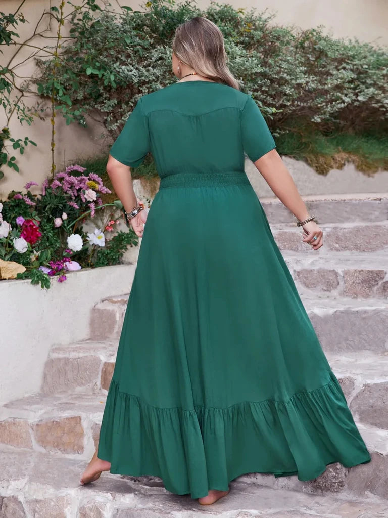 Plus Size Button Detail V - Neck Short Sleeve Maxi Dress - Deep Teal by Trendsi from FREYA’S CLOSET