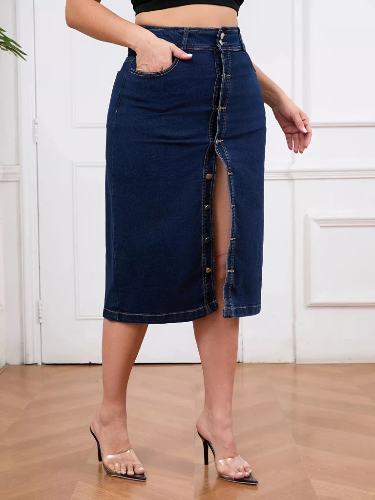 Plus Size Button - Front High Waist Denim Skirt - Dark Blue by Trendsi from FREYA’S CLOSET