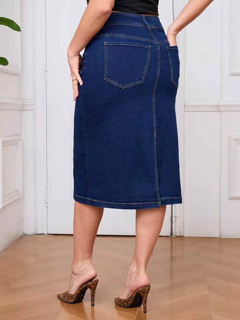 Plus Size Button - Front High Waist Denim Skirt - Dark Blue by Trendsi from FREYA’S CLOSET