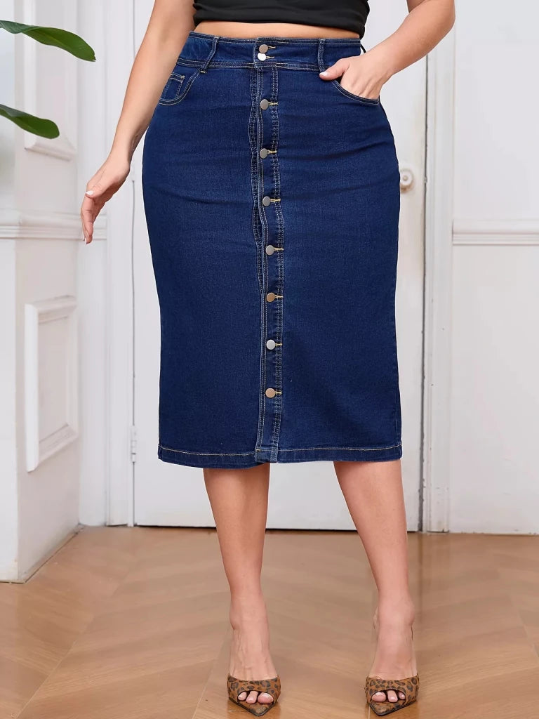 Plus Size Button - Front High Waist Denim Skirt - Dark Blue by Trendsi from FREYA’S CLOSET