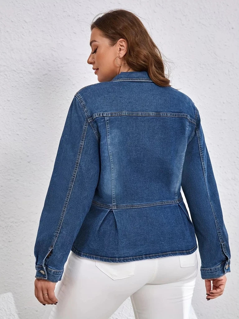 Plus Size Button - Up Peplum Denim Jacket - Blue by Trendsi from FREYA’S CLOSET