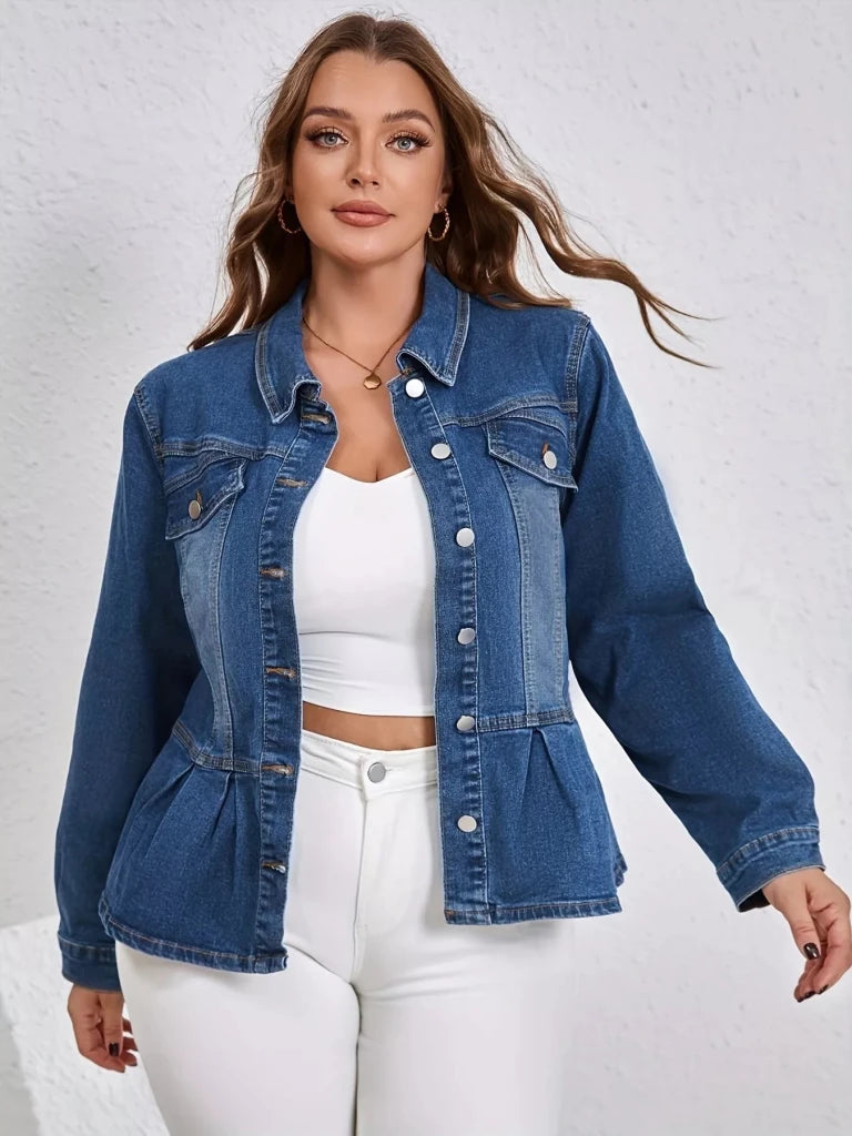 Plus Size Button - Up Peplum Denim Jacket - Blue by Trendsi from FREYA’S CLOSET