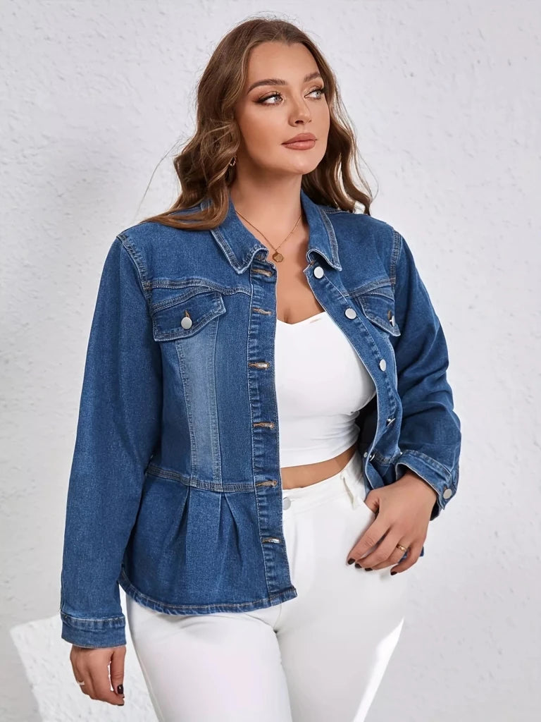 Plus Size Button - Up Peplum Denim Jacket - Blue by Trendsi from FREYA’S CLOSET