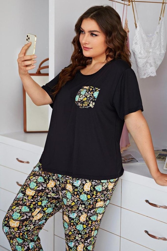 Plus Size Contrast Round Neck Tee and Floral Pants Lounge Set - Black by Trendsi from FREYA’S CLOSET