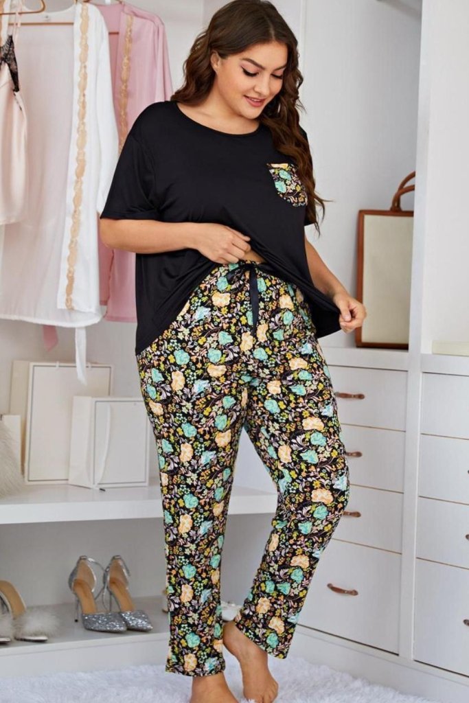 Plus Size Contrast Round Neck Tee and Floral Pants Lounge Set - Black by Trendsi from FREYA’S CLOSET